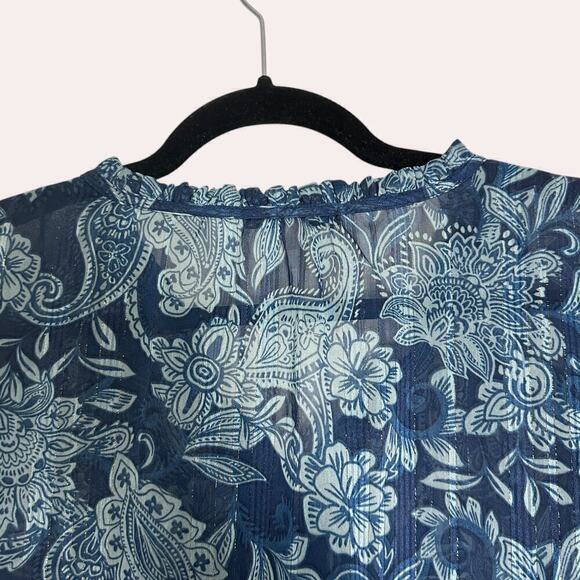 Frye and Co Floral Print Ruffle Sheer Metallic Thread Boho Pheasant Blouse (XL) - Picture 8 of 11